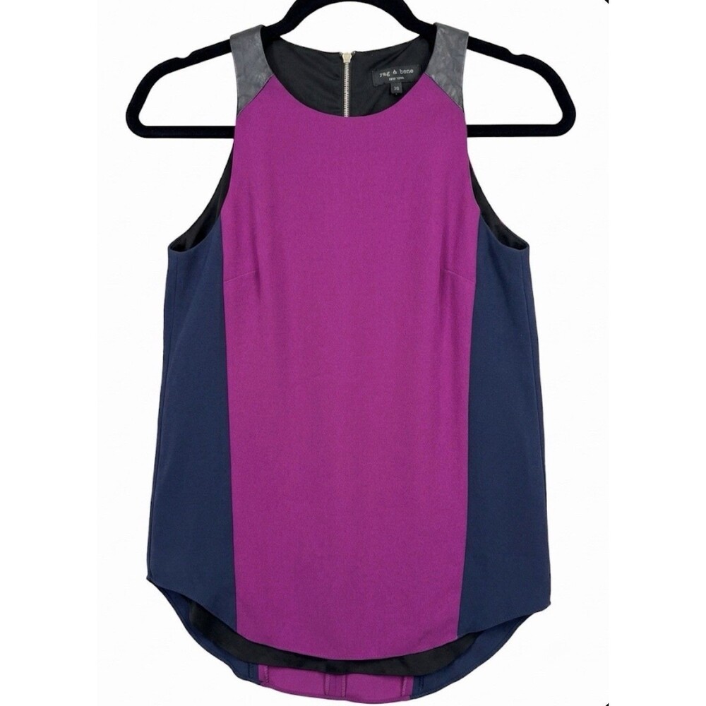 rag & bone New York Colorblock Halter Top XS Magenta Navy Leather Trim
